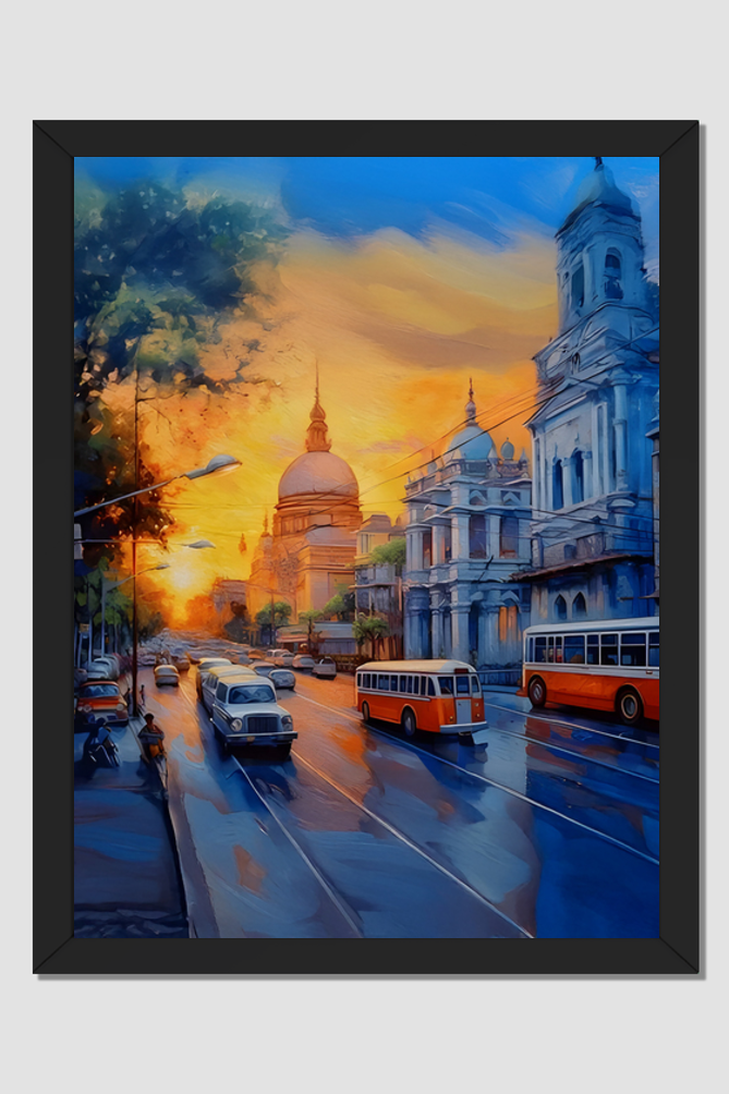 Vintage Indian Street Scene | Kolkata Cityscape Wall Art | Sunset Urban India Painting Poster