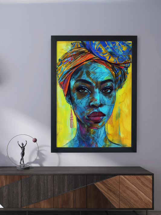 Expressive Afro Woman Portrait – Blue and Yellow Abstract Art Print