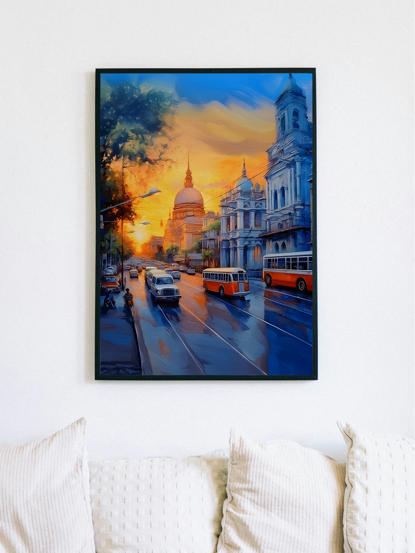 Vintage Indian Street Scene | Kolkata Cityscape Wall Art | Sunset Urban India Painting Poster
